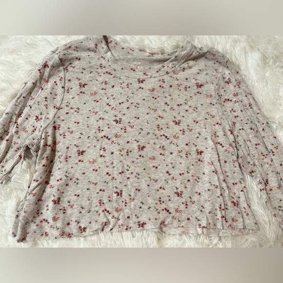 Aerie Womens M Real Soft Ribbed Floral Long Sleeve Crop Top Stretch Gray Crew - Picture 2 of 5